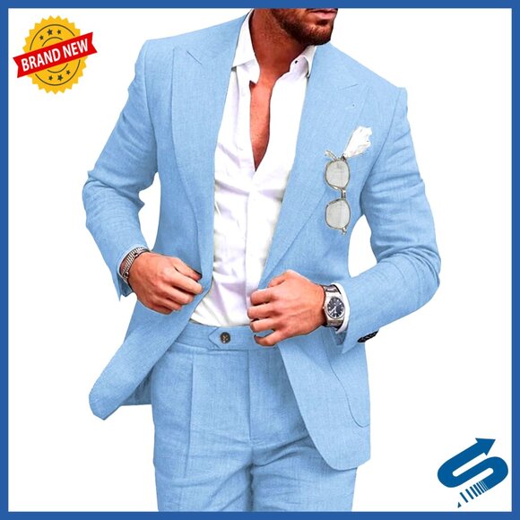 Men's Linen Suit 2-Piece Set Peak Lapel Blazer Pants Summer Wedding